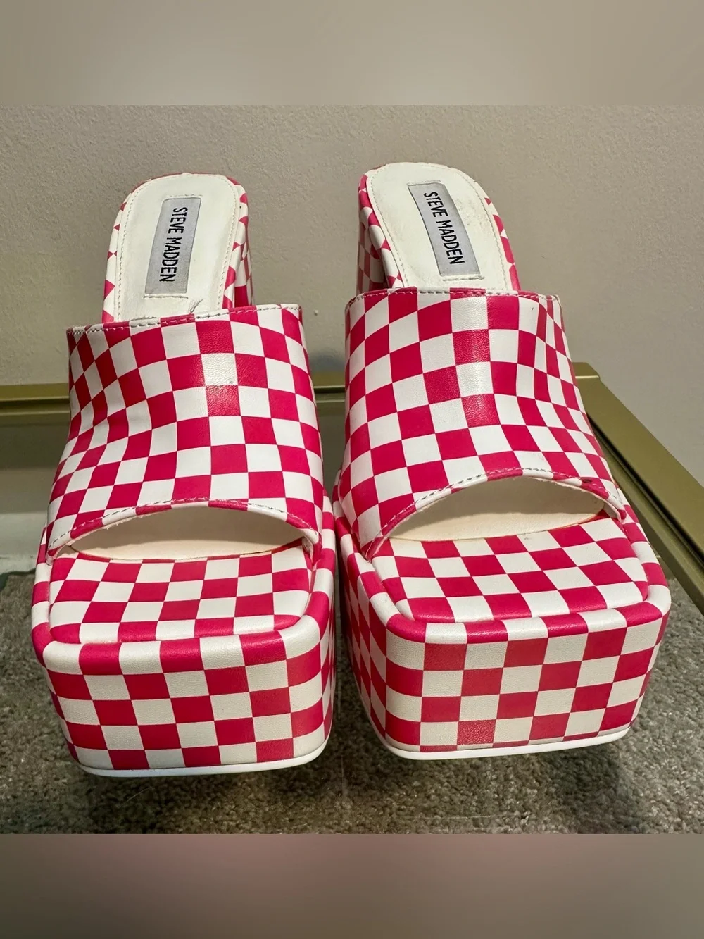 Steve Madden Trixie Platform Sandals Block Heel Pink/White Checkered Size 6